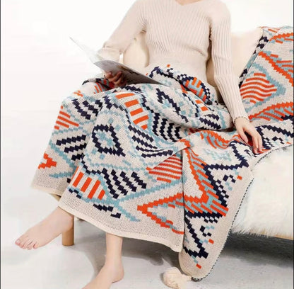MODERN COZY GEOMETRIC NORDIC BOHEMIAN KNITTED THROW BLANKETS WITH TASSELS