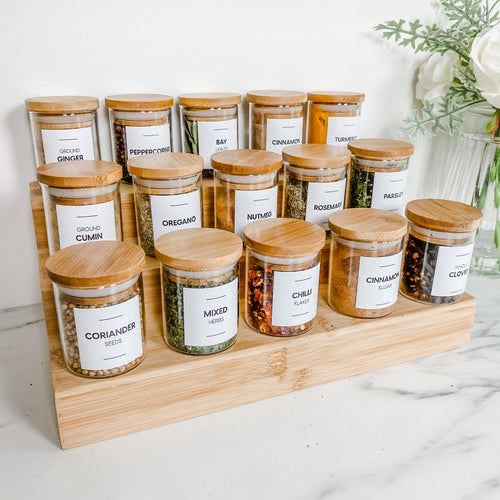 15pcs Glass Spice Jar set with a wooden bamboo stand