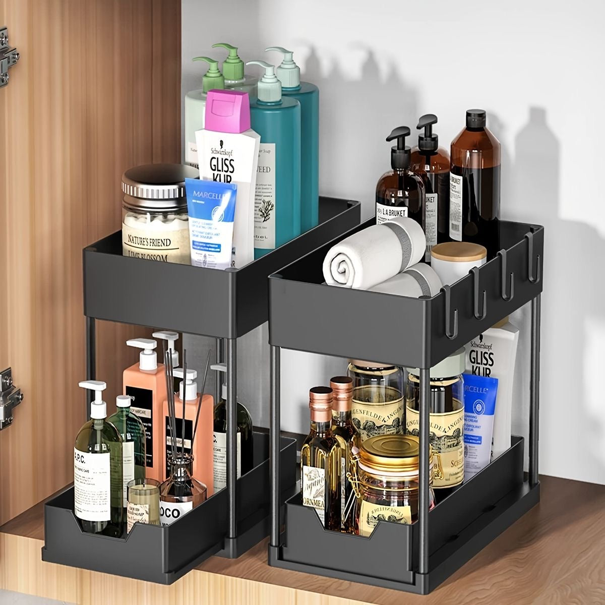 Double Sliding Under Sink Organizers and Storage - 2 Tier Bathroom Storage and Organization