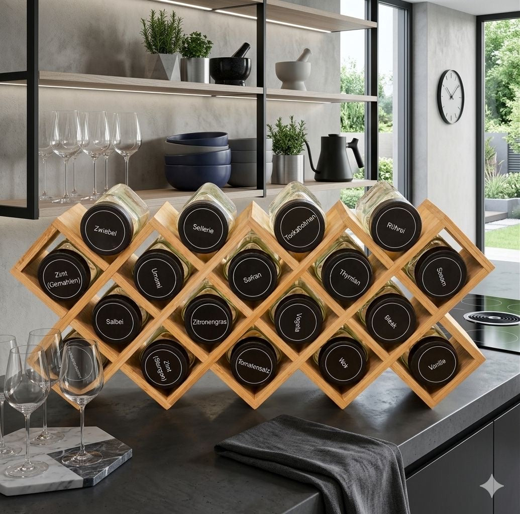 Wooden Spice Rack with 18 × 120ml Glass Jars + Pre-labelled Sticker Sheet