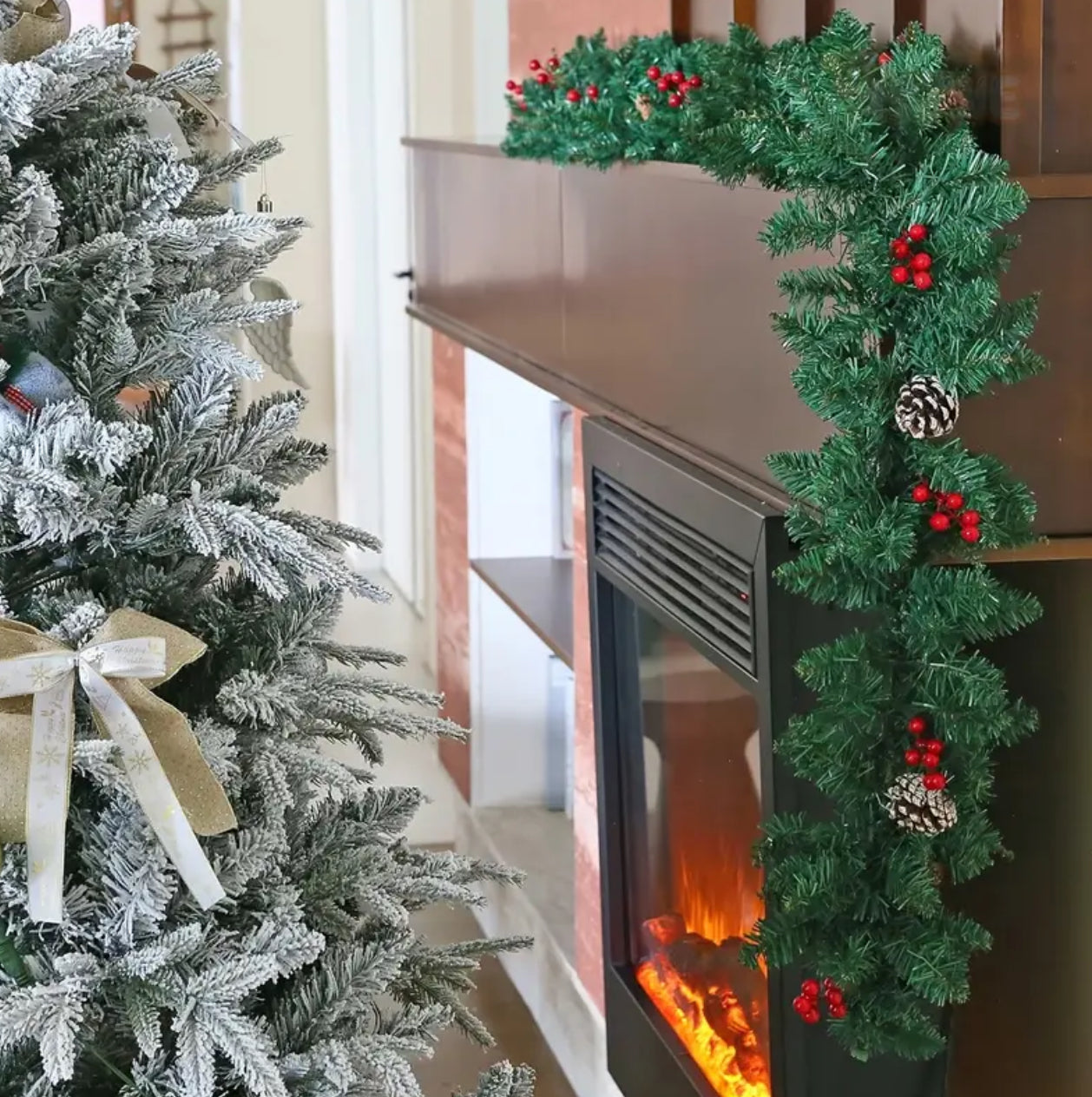 2.7Meters Multifunctional Christmas Predecorated Garland with pinecones, red flowers & red bow ties