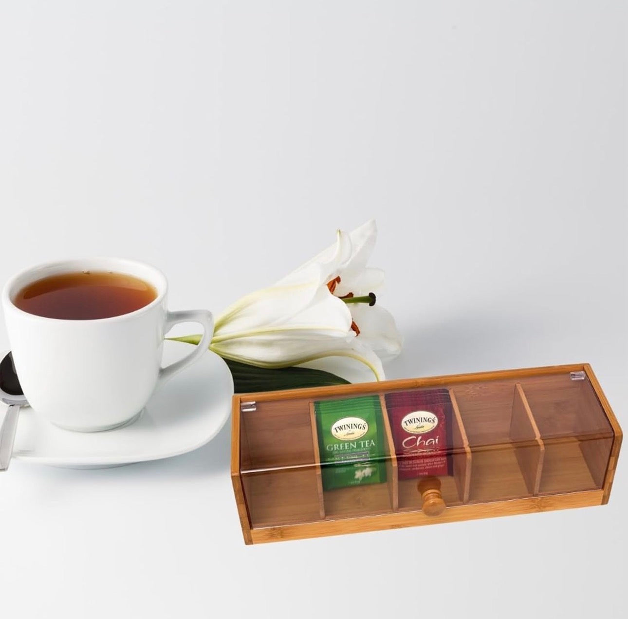 5 slot bamboo teabag organizer with acrylic lid