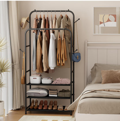 Double  Clothing Garment Rack With 3-Tier Storage Shelf