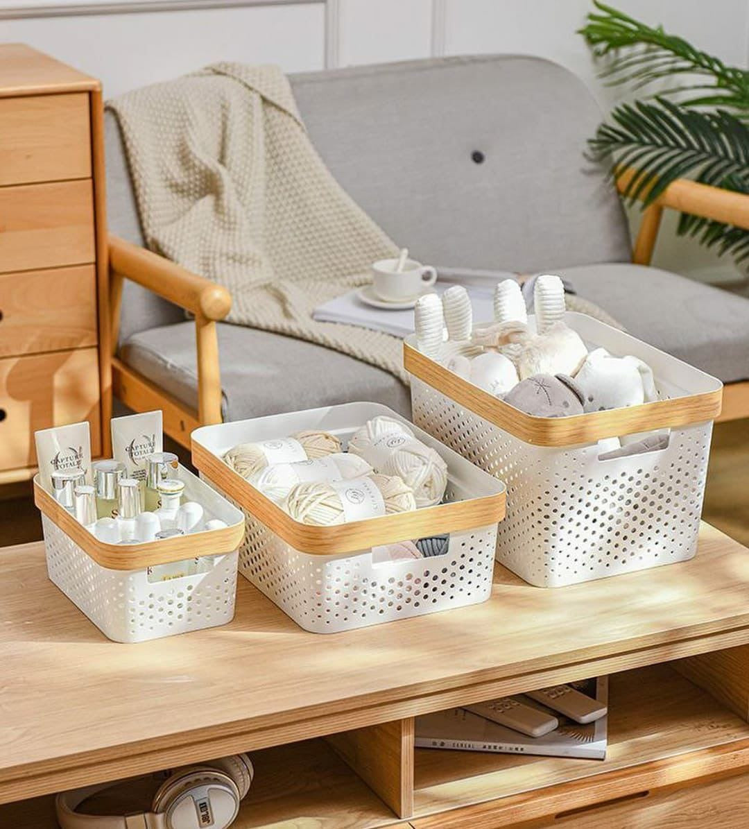 3pcs nordic multipurpose storage baskets with goldish lining