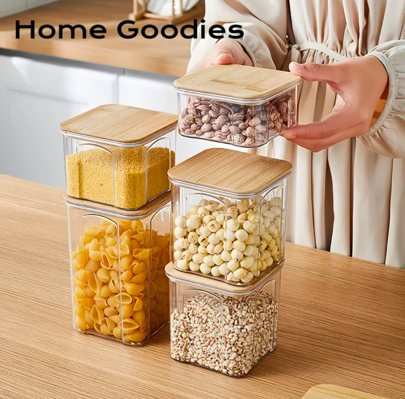 8pcs Airtight Transparent Acrylic Cereal Food/Pantry Storage Containers with bamboo lid