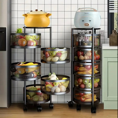 Rotating metallic fruits/ vegetables rack Has lockable wheels for easy movement ,