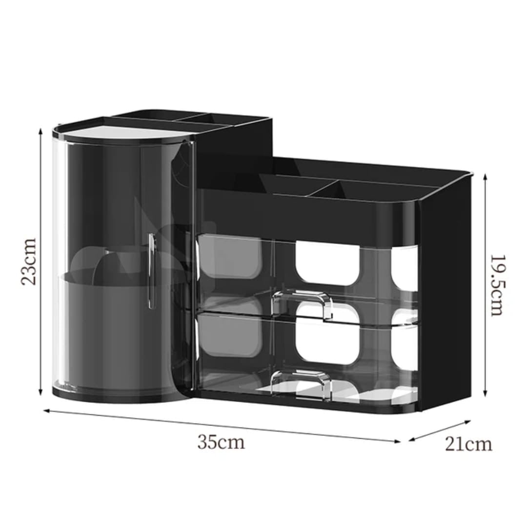 Cosmetic organizer rack with tray and rotating holder.