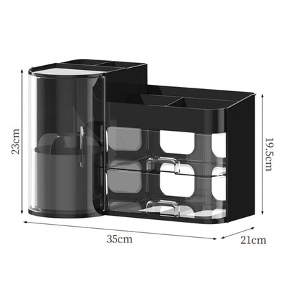 Cosmetic organizer rack with tray and rotating holder.