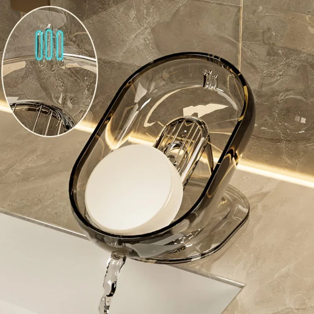 Sloped drain transparent soap dish.