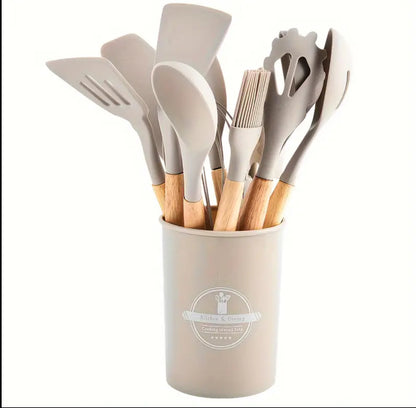 12 pcs silicon set kitchenware with a wooden handle