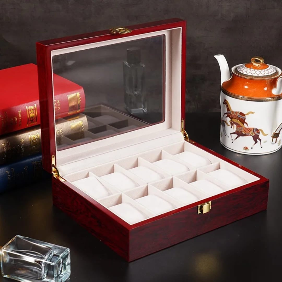 High quality luxurious wooden watch organizer with glass top..
12 slot