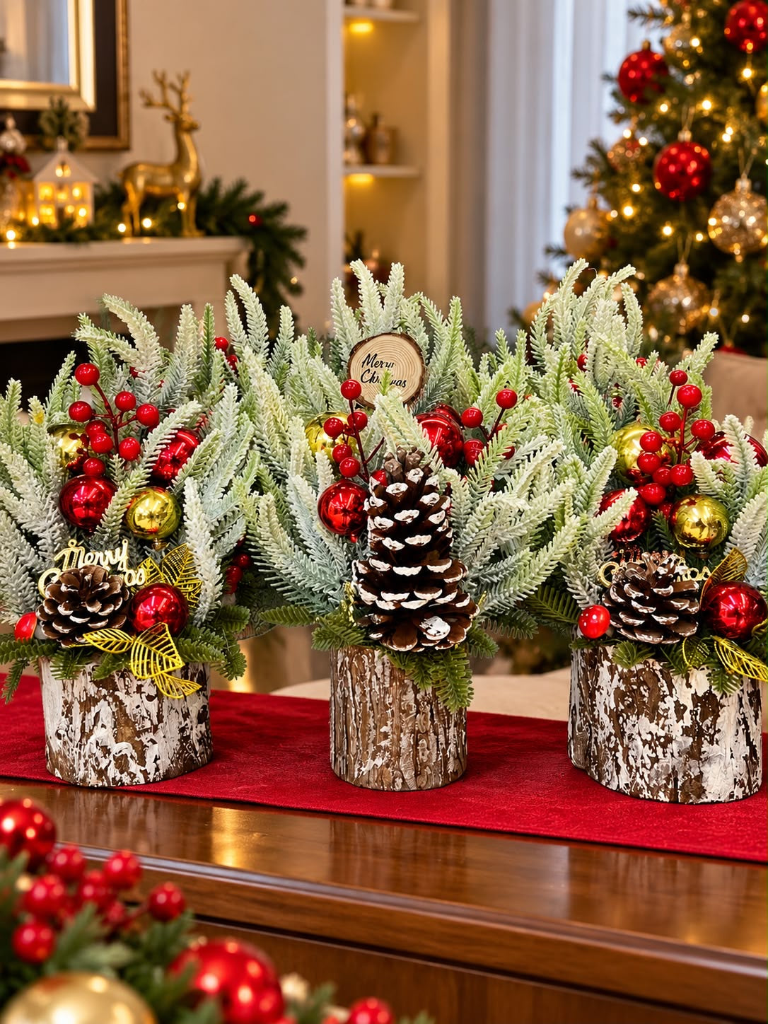 Decorated Snow-Dusted Christmas Trees 35cms