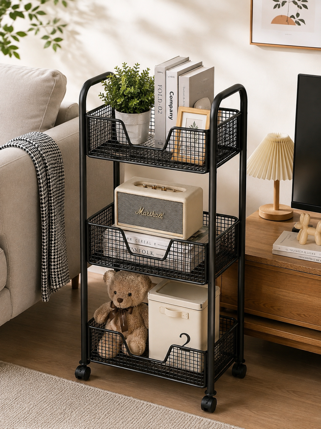3 layer rotating Multifunctional mesh design storage trolley