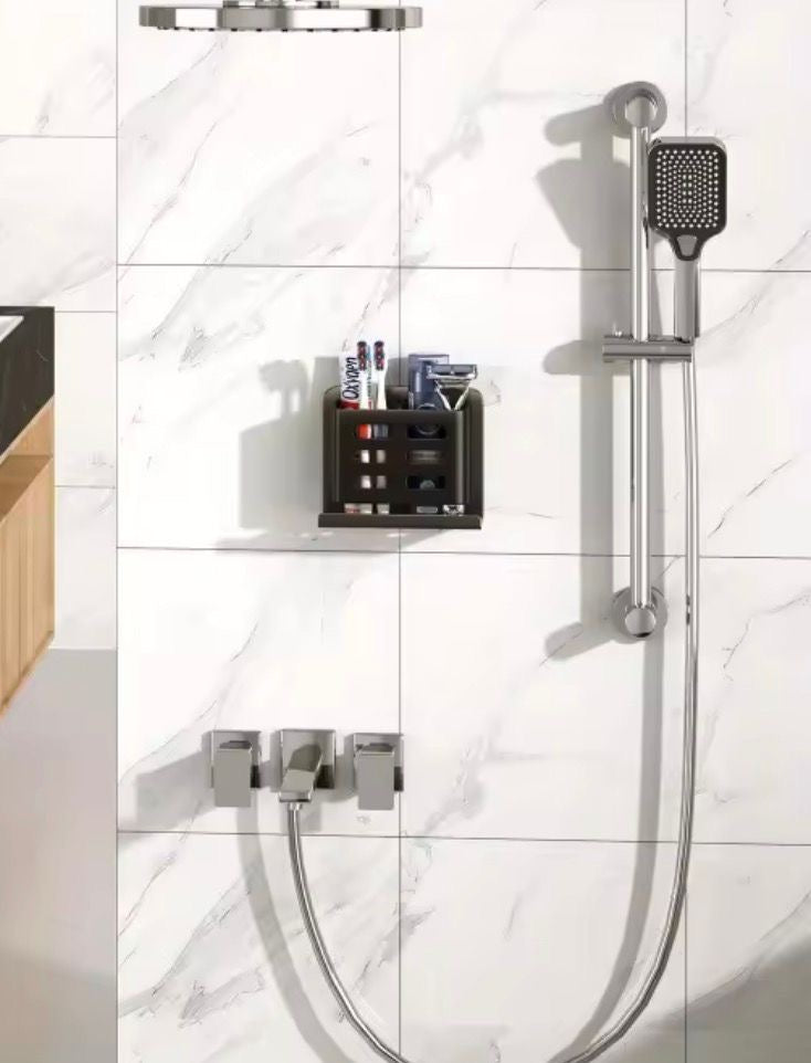 Carbon metal toothbrush holder.
Has screws for drilling