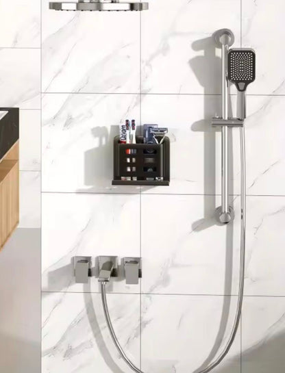 Carbon metal toothbrush holder.
Has screws for drilling