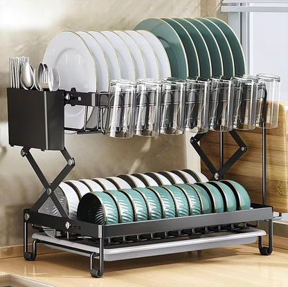 Modern 2-tier kitchen dish drying rack with a space-saving foldable design.