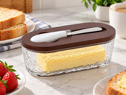 Glass butter dish with bamboo lid and spread knife