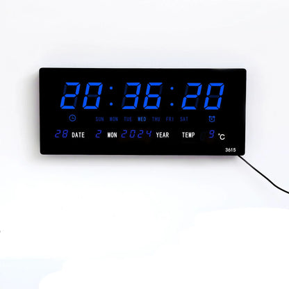 large LED digital wall clock (Model JH8025) with a calendar and temperature