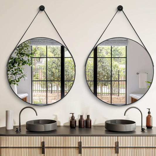 Round Hanging Mirror with Strap Decorative Wall Mirror 60cm