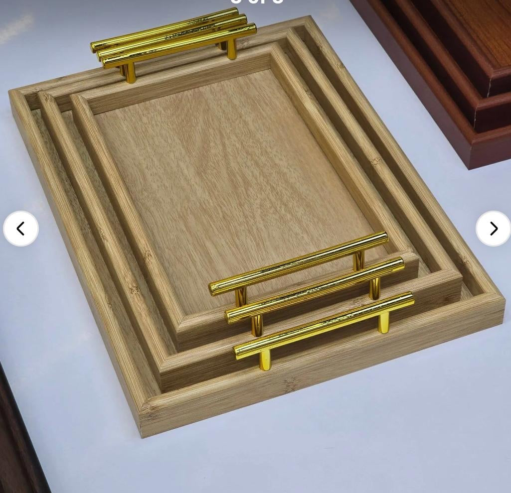 3-piece wooden serving tray set with polished gold-tone metal handles