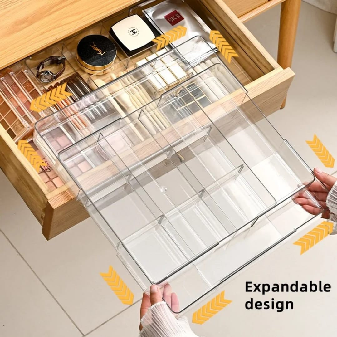 Acrylic expandable drawer organizer.