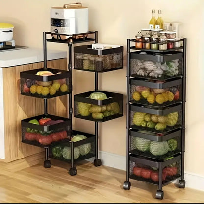 Rotating metallic fruits/ vegetables rack Has lockable wheels for easy movement ,