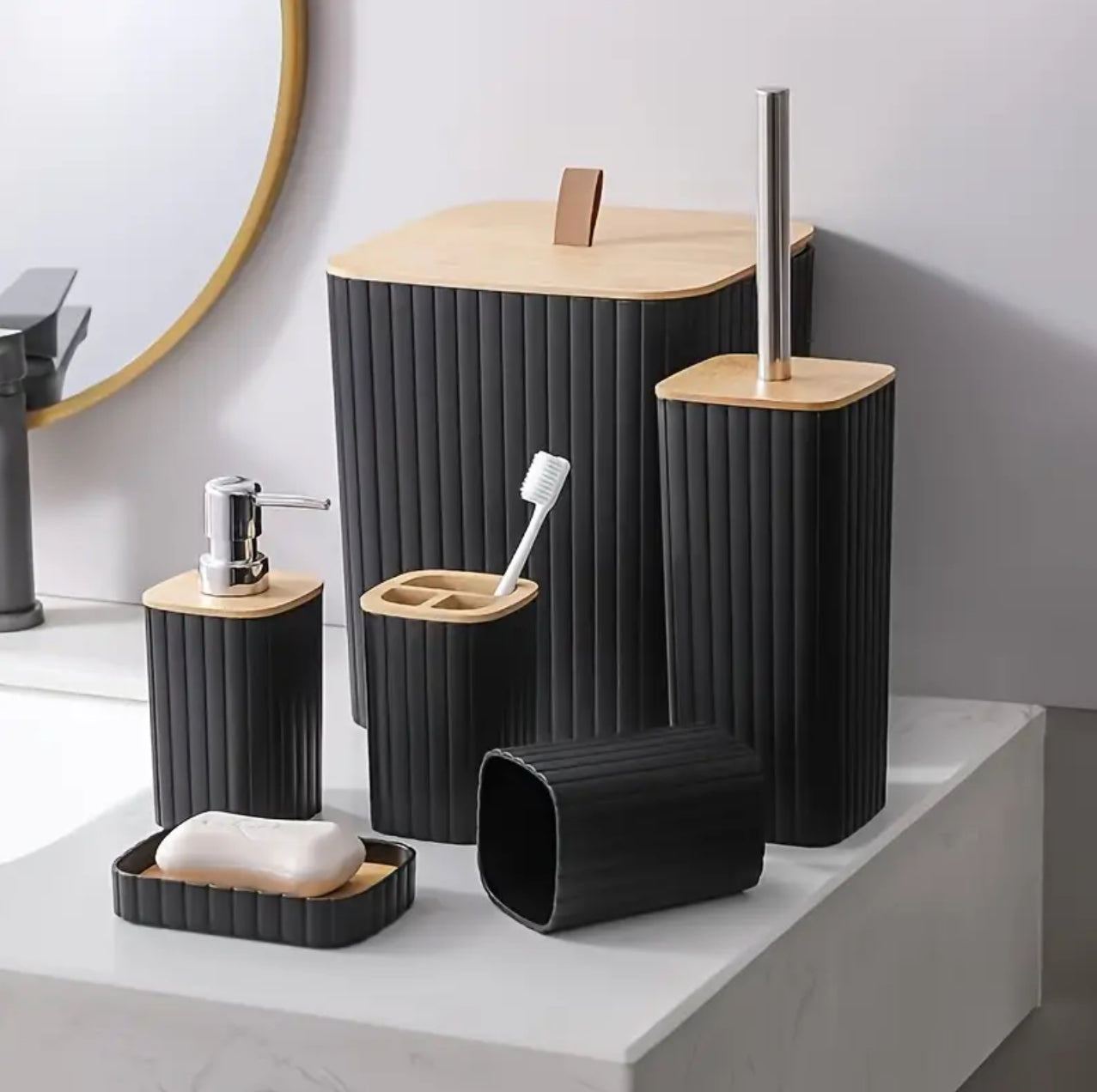 6pcs Eco-Friendly Plastic Bamboo washroom bathroom Accessories set