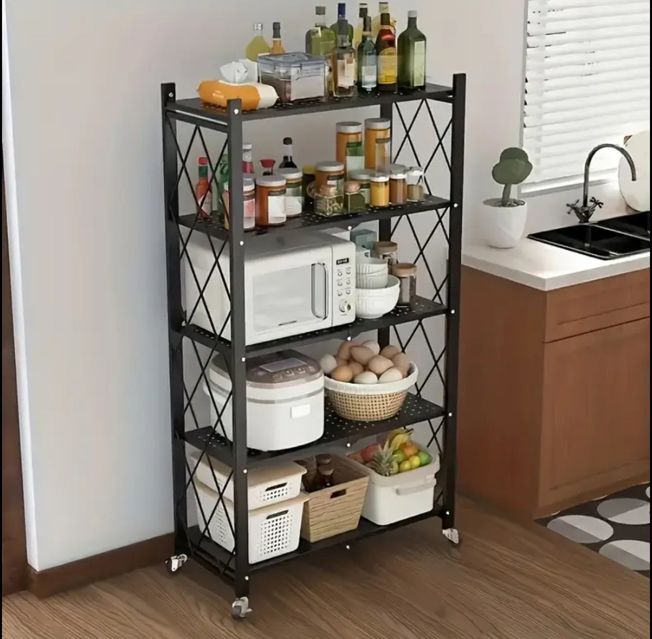 5 TIER FOLDABLE MOVABLE METALLIC STORAGE RACK