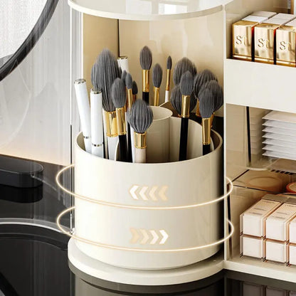 Cosmetic organizer rack with tray and rotating holder.