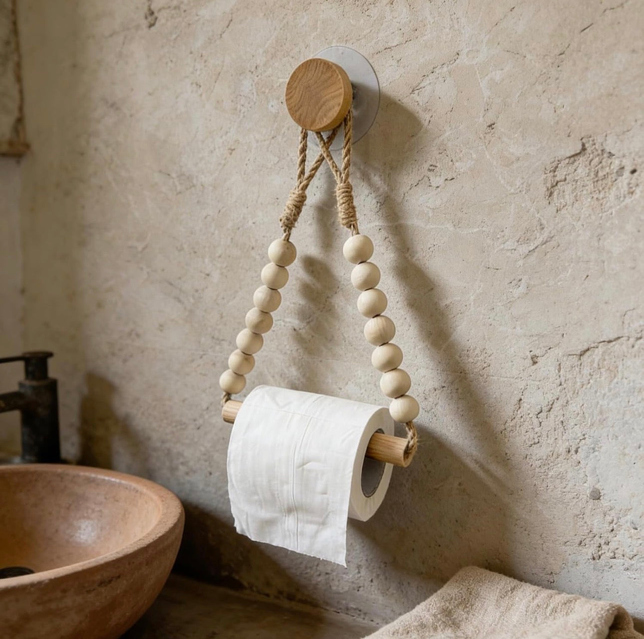 Boho-style toilet paper holder rustic wooden bead design with hemp rope