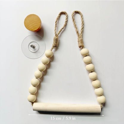 Boho-style toilet paper holder rustic wooden bead design with hemp rope