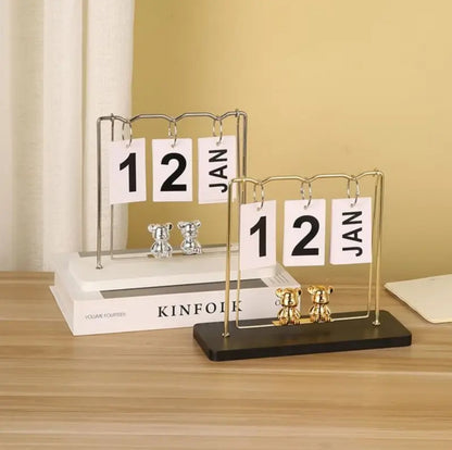 Creative Wood And Iron Perpetual Calender With Bear Pendilum Swing