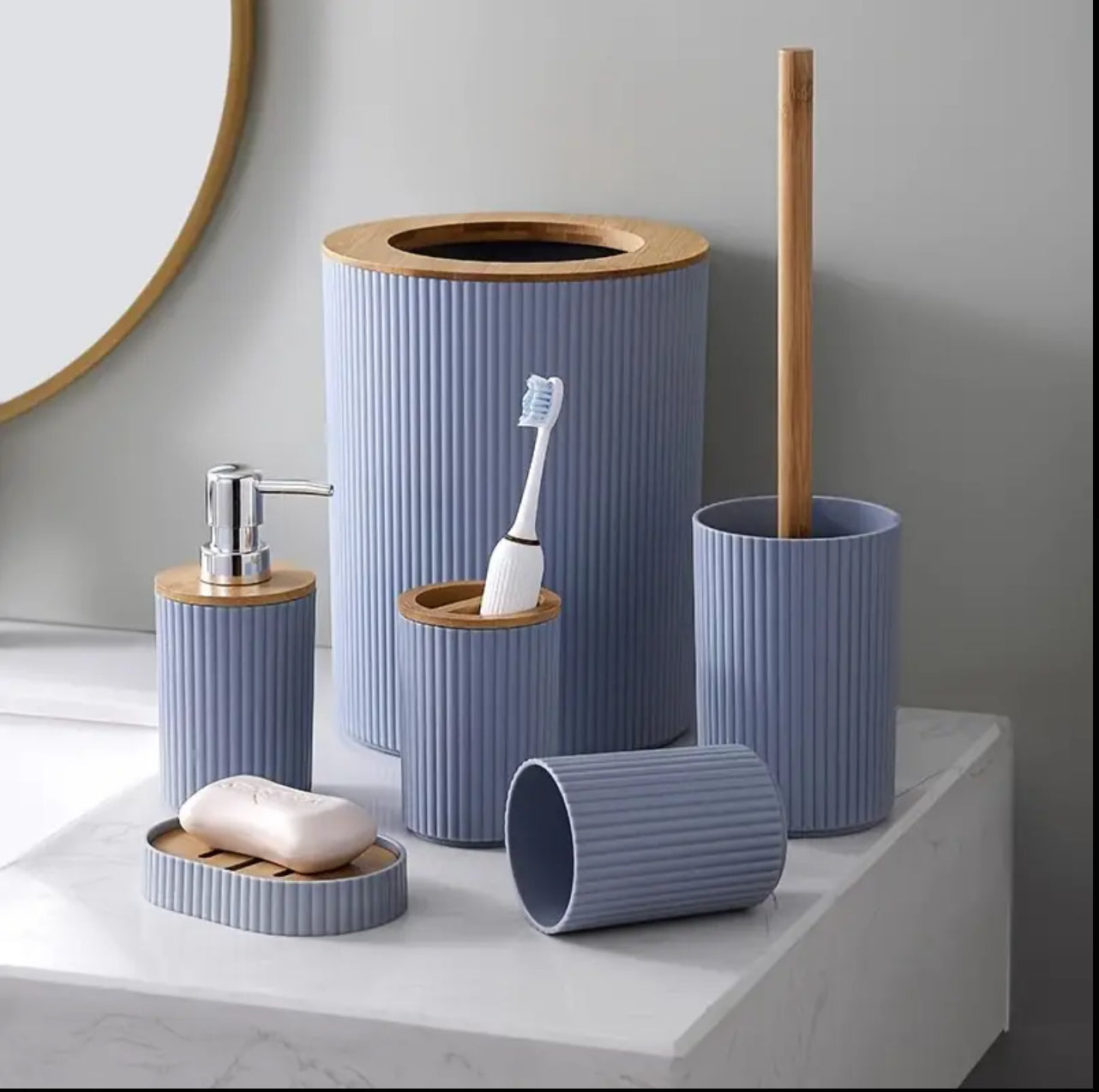 6 in 1 bathroom accessories set with wooden ring