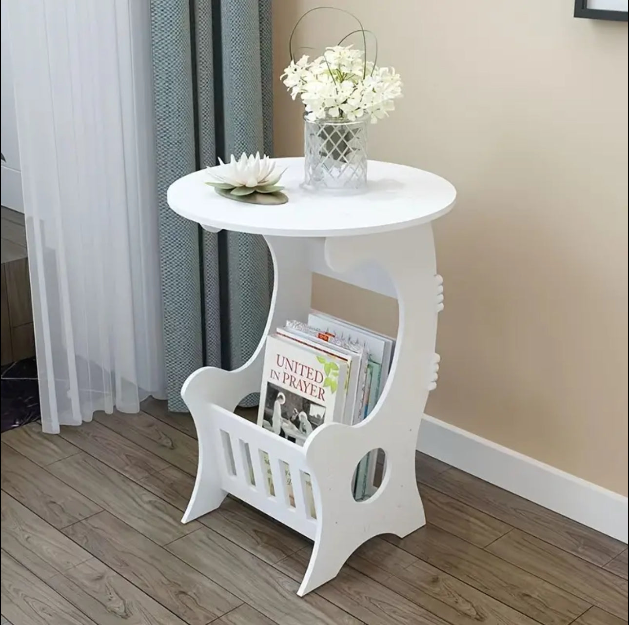 Multi-purpose bedside/balcony/coffee/living room white round magazine table