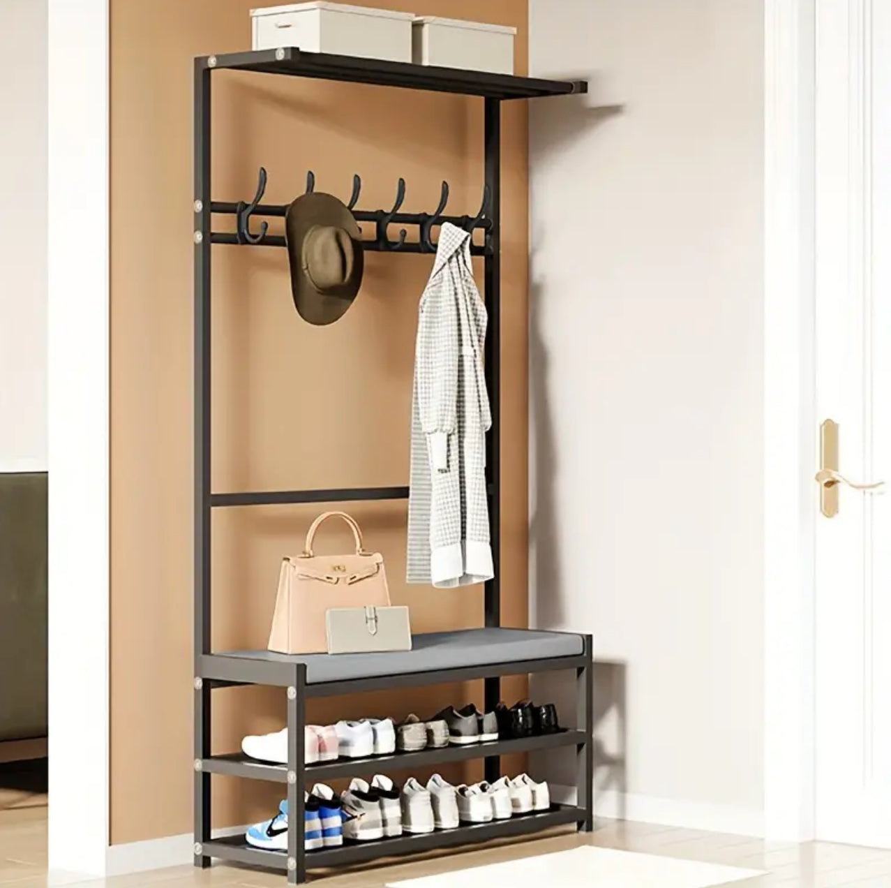 Multipurpose Entryway Bench shoe rack with clothes hanger