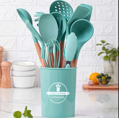 12 pcs silicon set kitchenware with a wooden handle