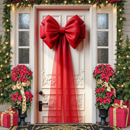 Red Decorative Bow Banner Large Size Christmas Door Display Bow Shape Satin Bow