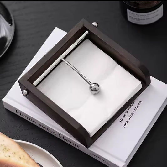 Walnut wood serviette holder with metal weighted bar