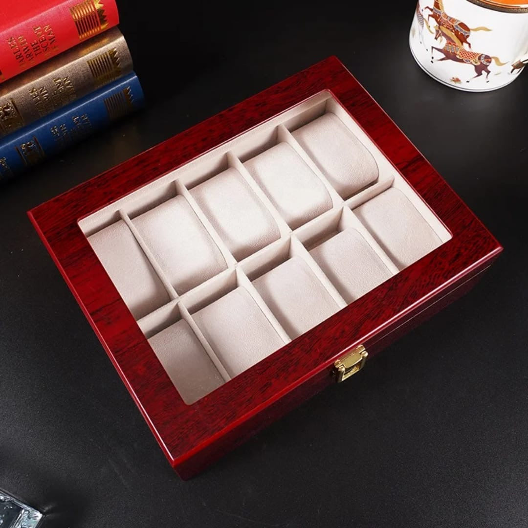 High quality luxurious wooden watch organizer with glass top..
12 slot