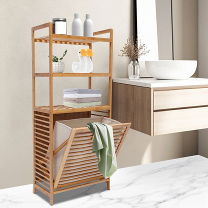 Bamboo Laundry Basket Organizer | 2-Tier Shelves & Tilt-Out Basket