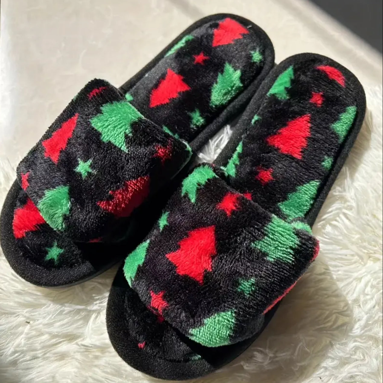 Fuzzy Christmas Themed Indoor Slippers