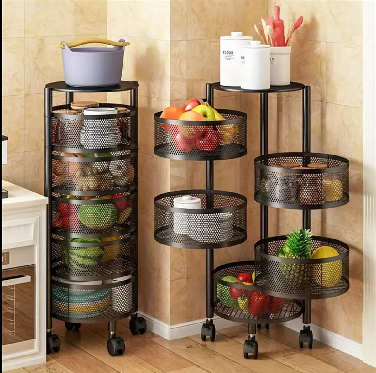 Vegetable Rack Rotating Rotating metallic fruits/ vegetables rack Has lockable wheels for easy ...