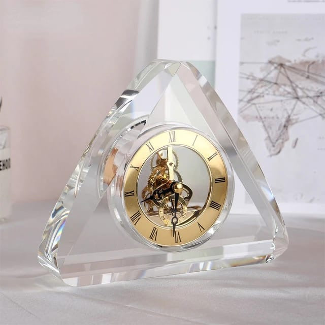 Customized Text  Carved Unique Triangle Shape Clear Crystal Personalized Clock