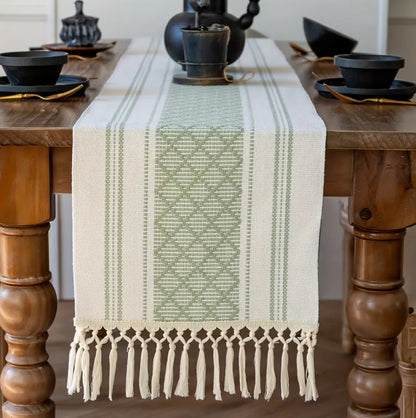 Woven textured table runner with tassels