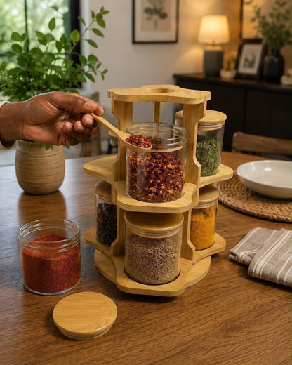 6 pcs Bamboo spice rack set with a rotating stand