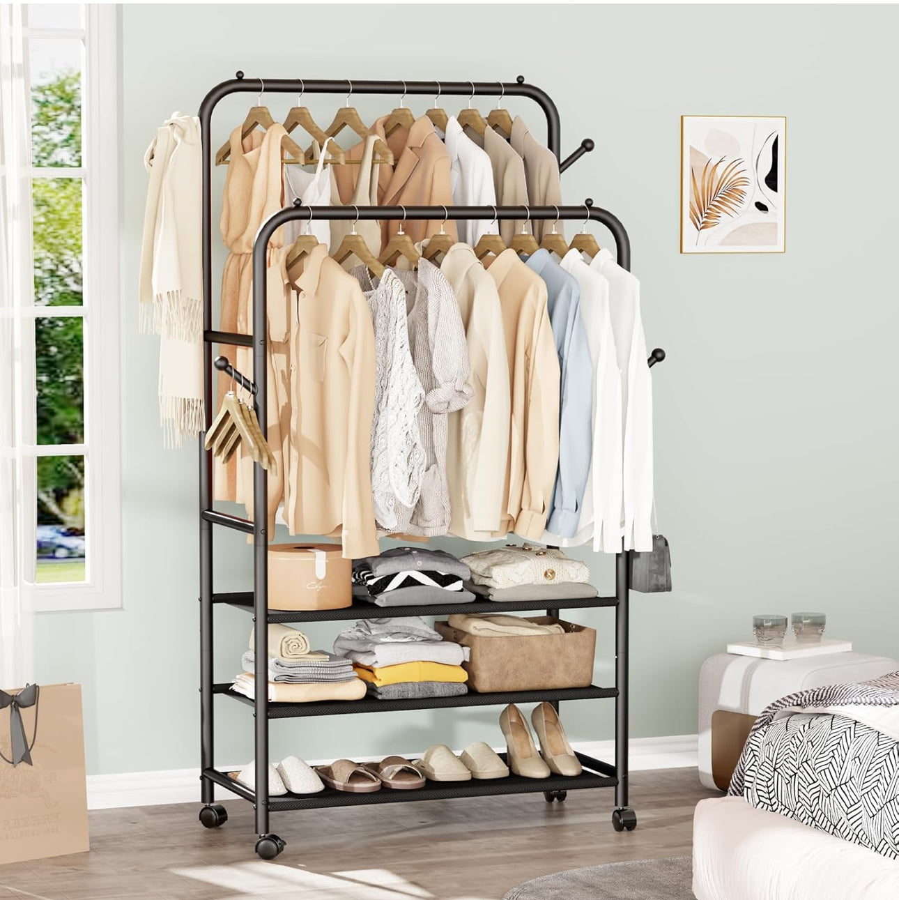 Double  Clothing Garment Rack With 3-Tier Storage Shelf