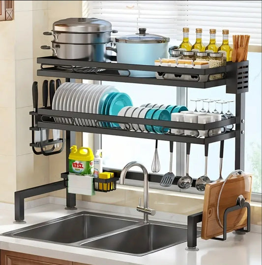 Double over the sink dish drainer, Black polished and rust free steel