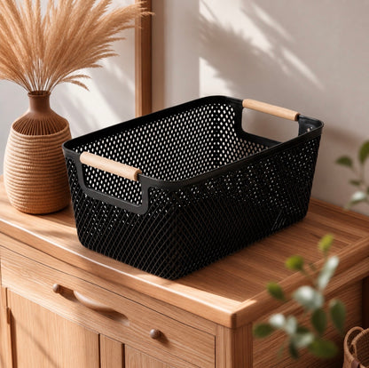 Large size Modern hard Plastic Storage Basket with Wooden Handles