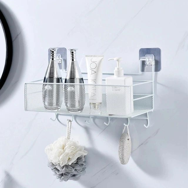 Mesh bathroom rack with hooks
Sticks by adhesive 
Large