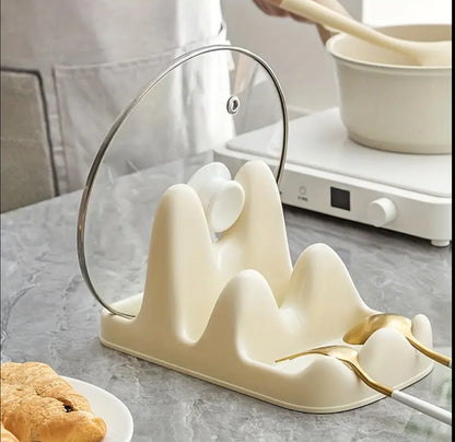 Multifunctional kitchen counter top pot lid and serving spoon holder/rack